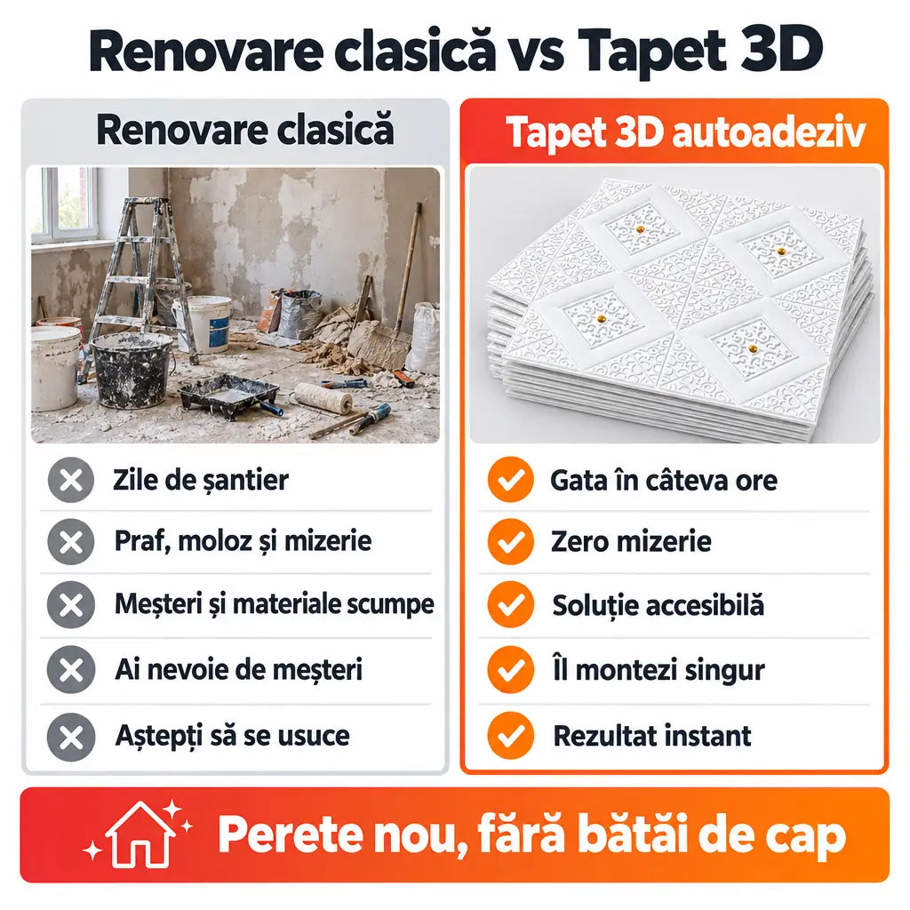 Renovare clasică vs tapet 3D autoadeziv romburi
