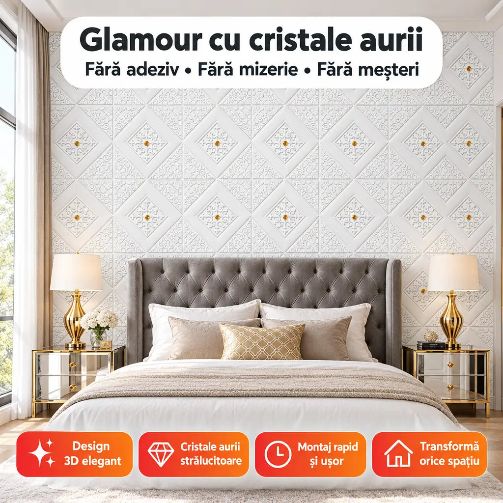 Tapet 3D autoadeziv romburi cu cristale aurii în dormitor glamour