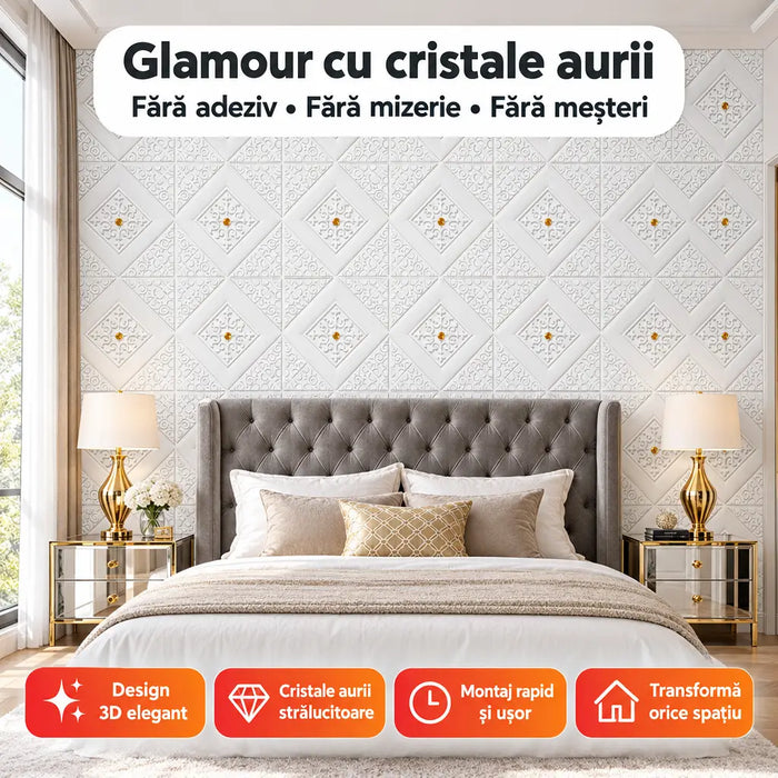 Tapet 3D Autoadeziv Model Romburi cu Diamante, Auriu – imagine 3