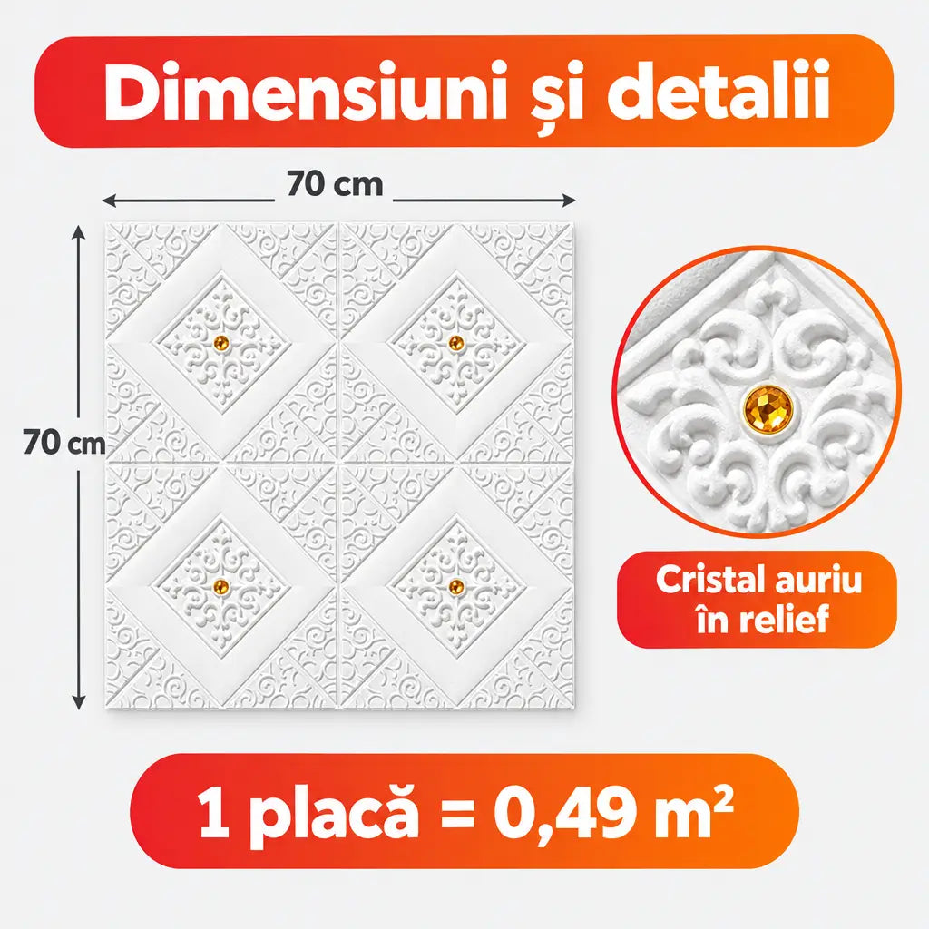 Dimensiuni placă tapet 3D romburi 70x70 cm, 0,49 m², cristal auriu