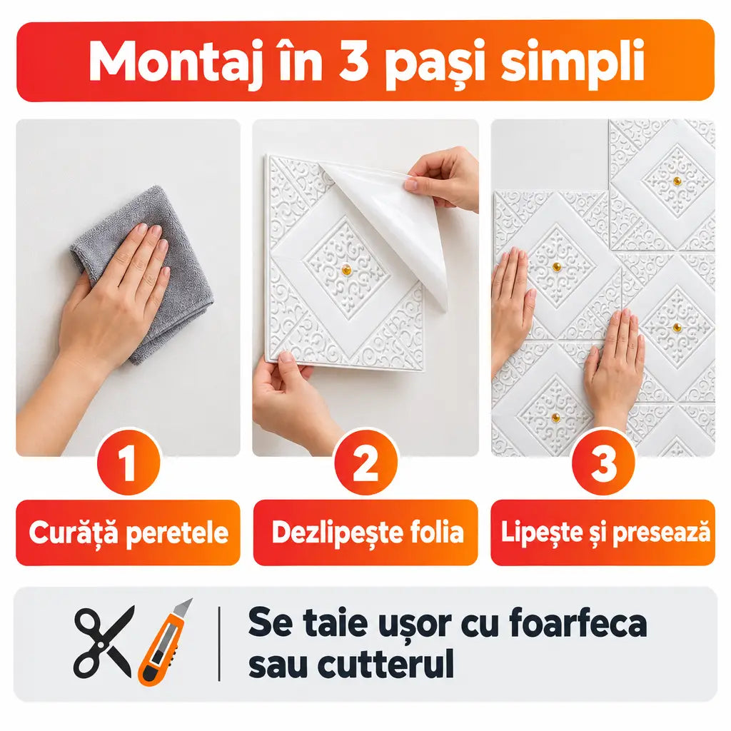 Montaj tapet 3D autoadeziv în 3 pași simpli