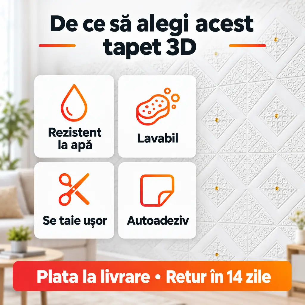 Beneficii tapet 3D romburi: rezistent la apă, lavabil, se taie ușor, autoadeziv