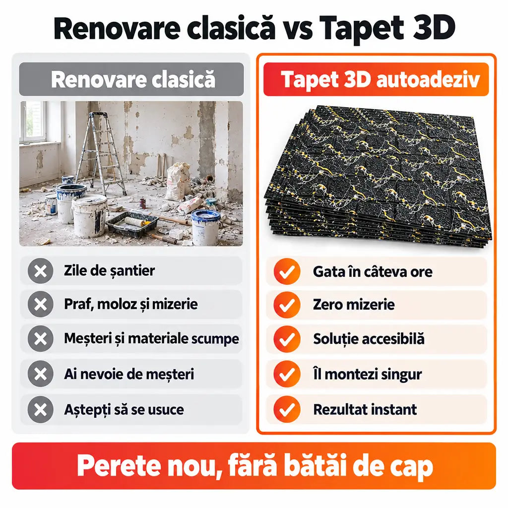 Renovare clasică vs tapet 3D autoadeziv negru auriu