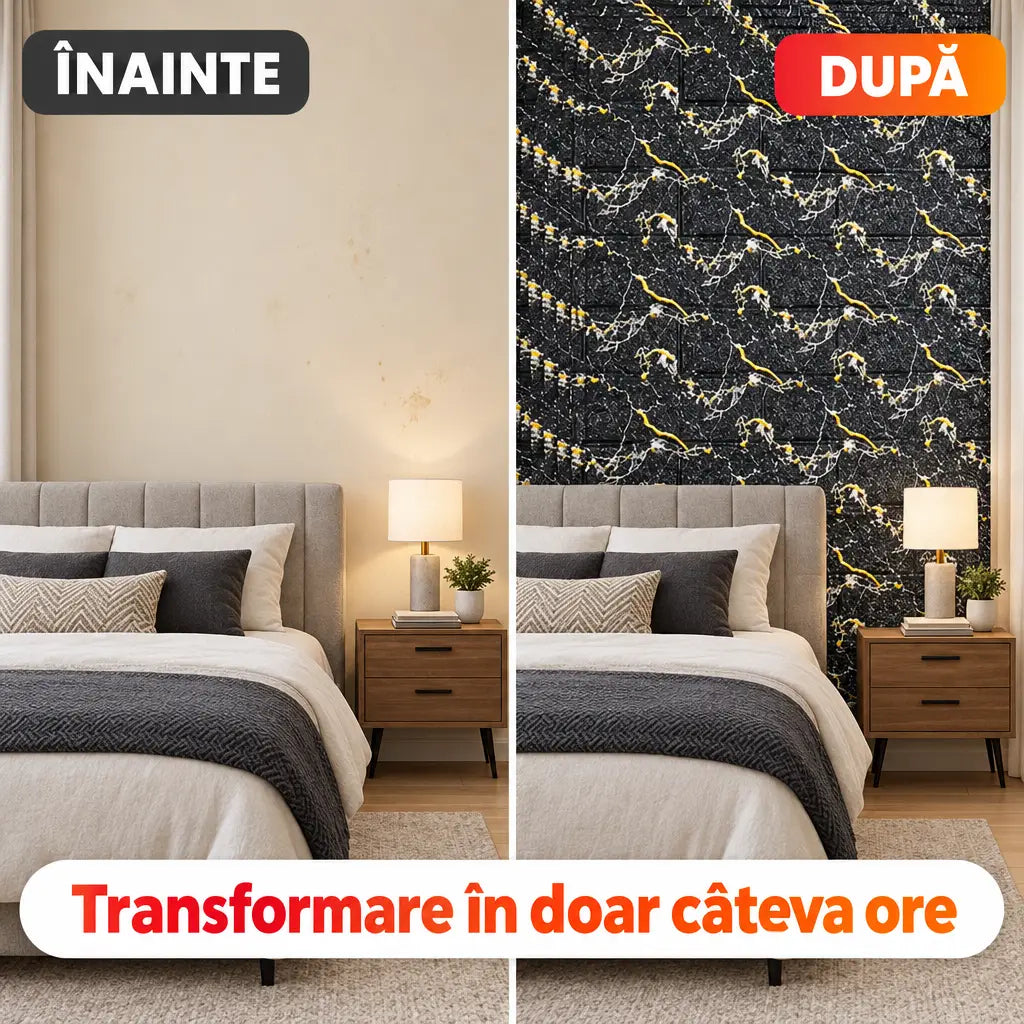 Înainte și după montaj tapet 3D piatră negru auriu în dormitor