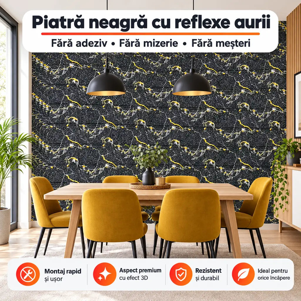 Tapet 3D autoadeziv piatră neagră cu reflexe aurii în zona de dining