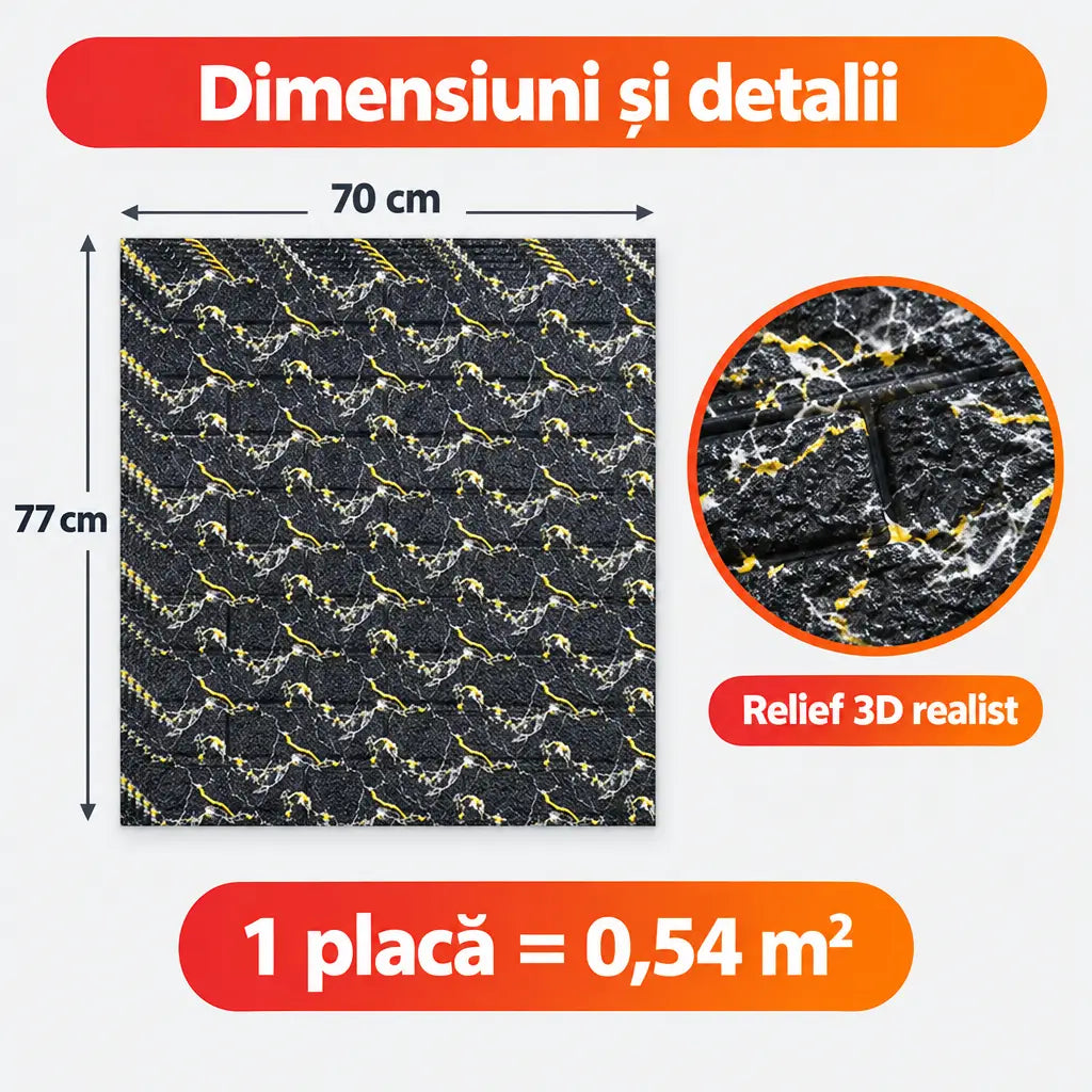 Dimensiuni placă tapet 3D negru auriu 70x77 cm, 0,54 m²