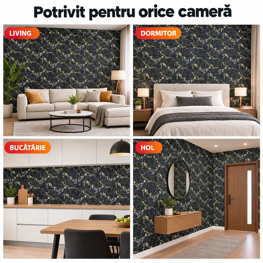 Tapet 3D piatră negru auriu în living, dormitor, bucătărie și hol