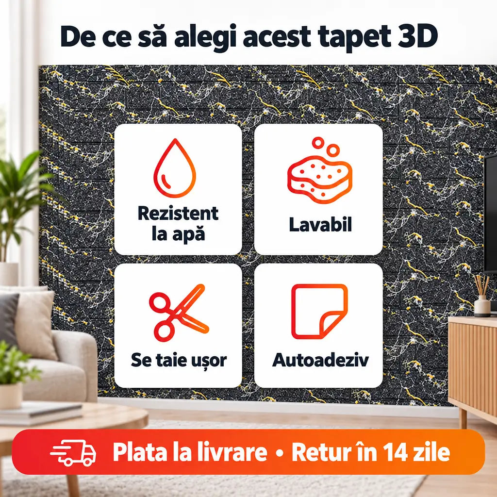 Beneficii tapet 3D negru auriu: rezistent la apă, lavabil, se taie ușor, autoadeziv