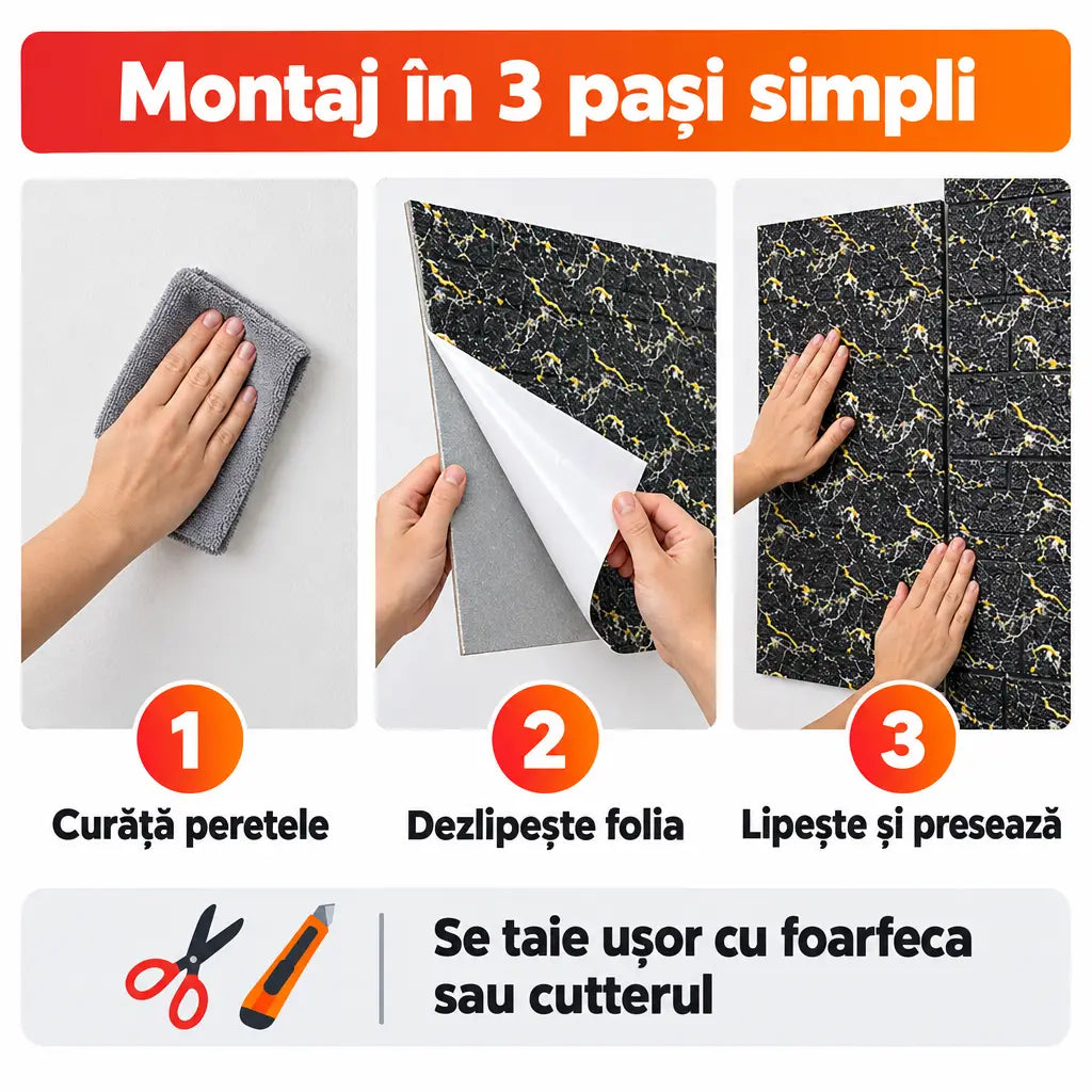 Montaj tapet 3D autoadeziv în 3 pași simpli