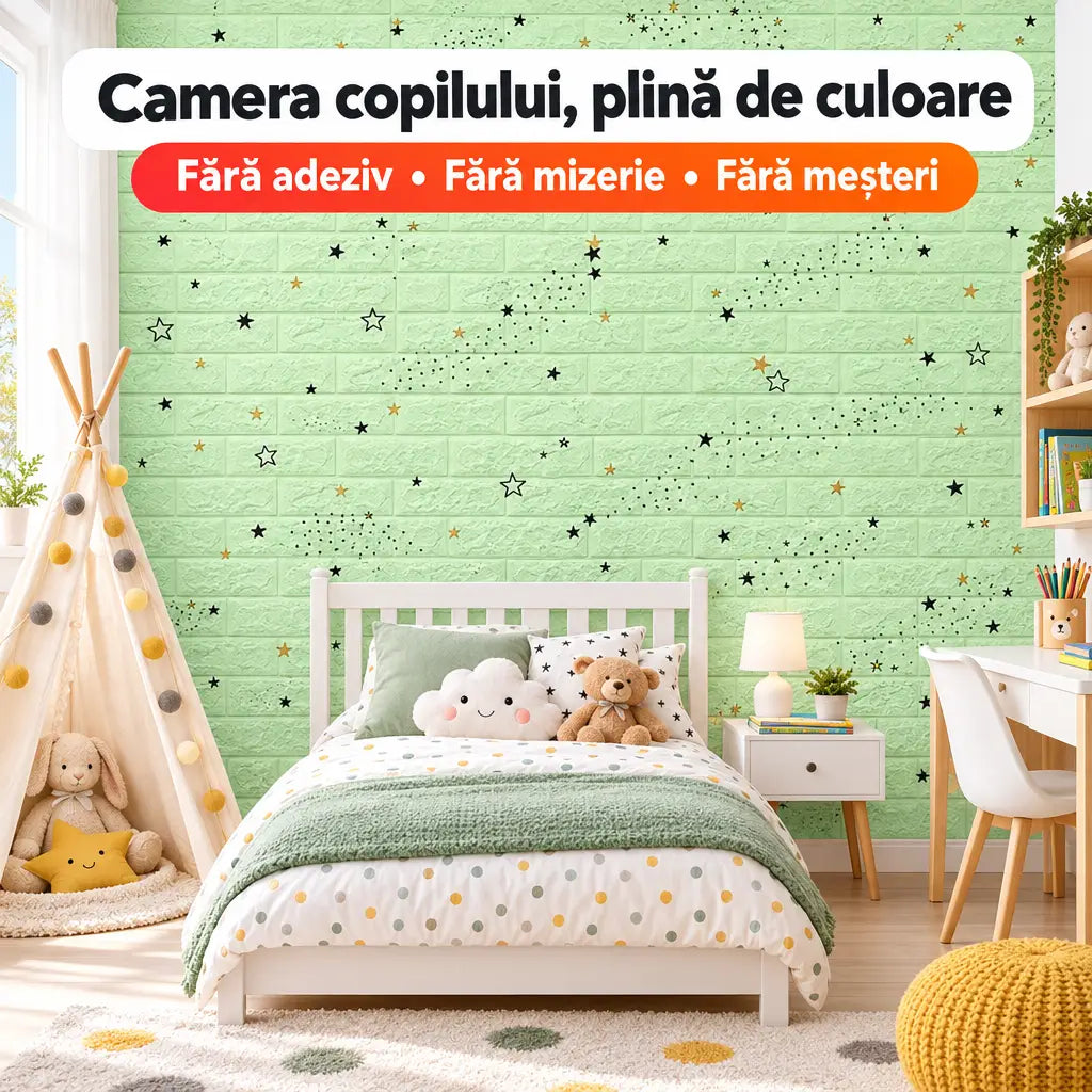 Tapet 3D autoadeziv verde cu steluțe în camera copilului