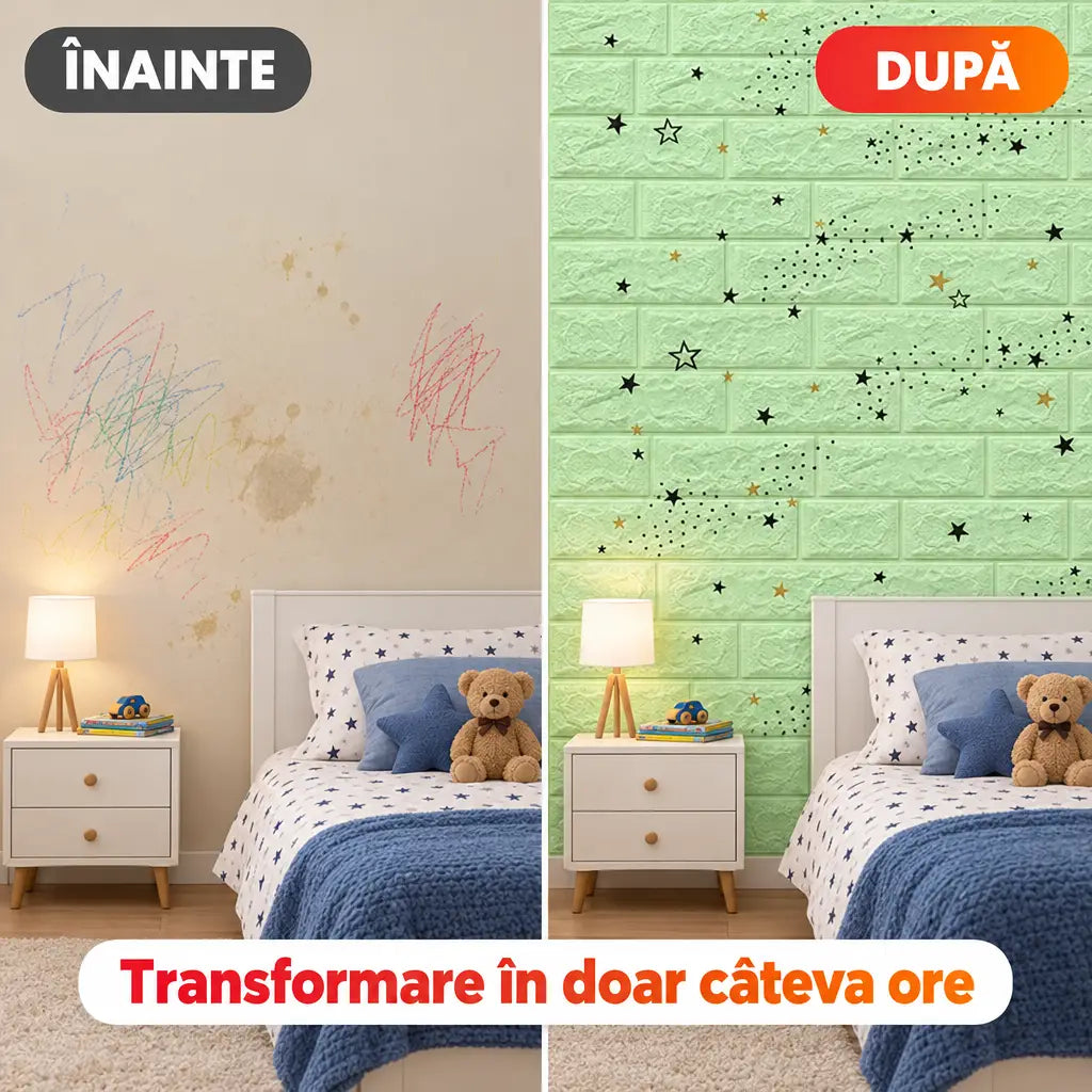 Înainte și după montaj tapet 3D steluțe verde