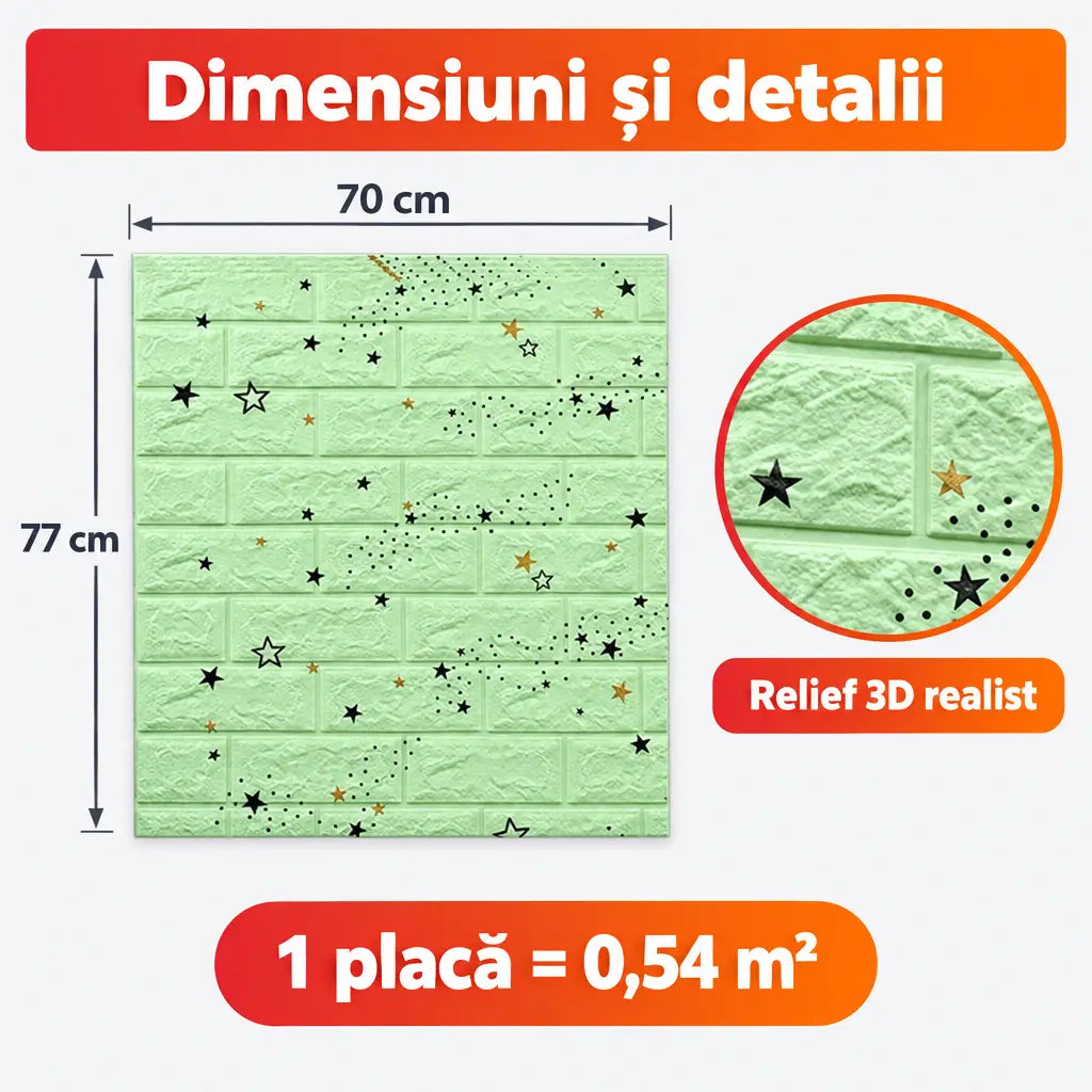 Dimensiuni placă tapet 3D steluțe verde 70x77 cm, 0,54 m²