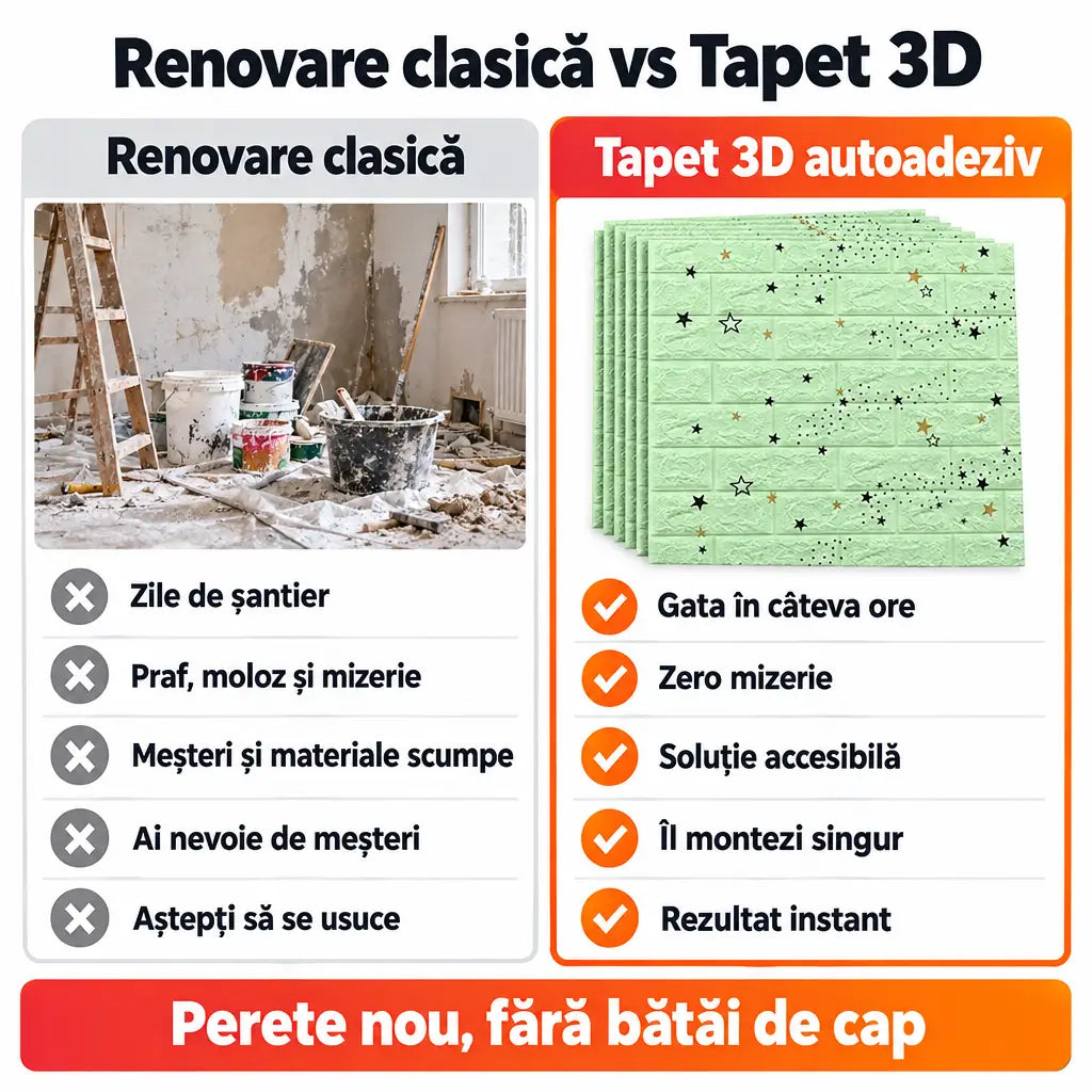 Renovare clasică vs tapet 3D autoadeziv steluțe verde