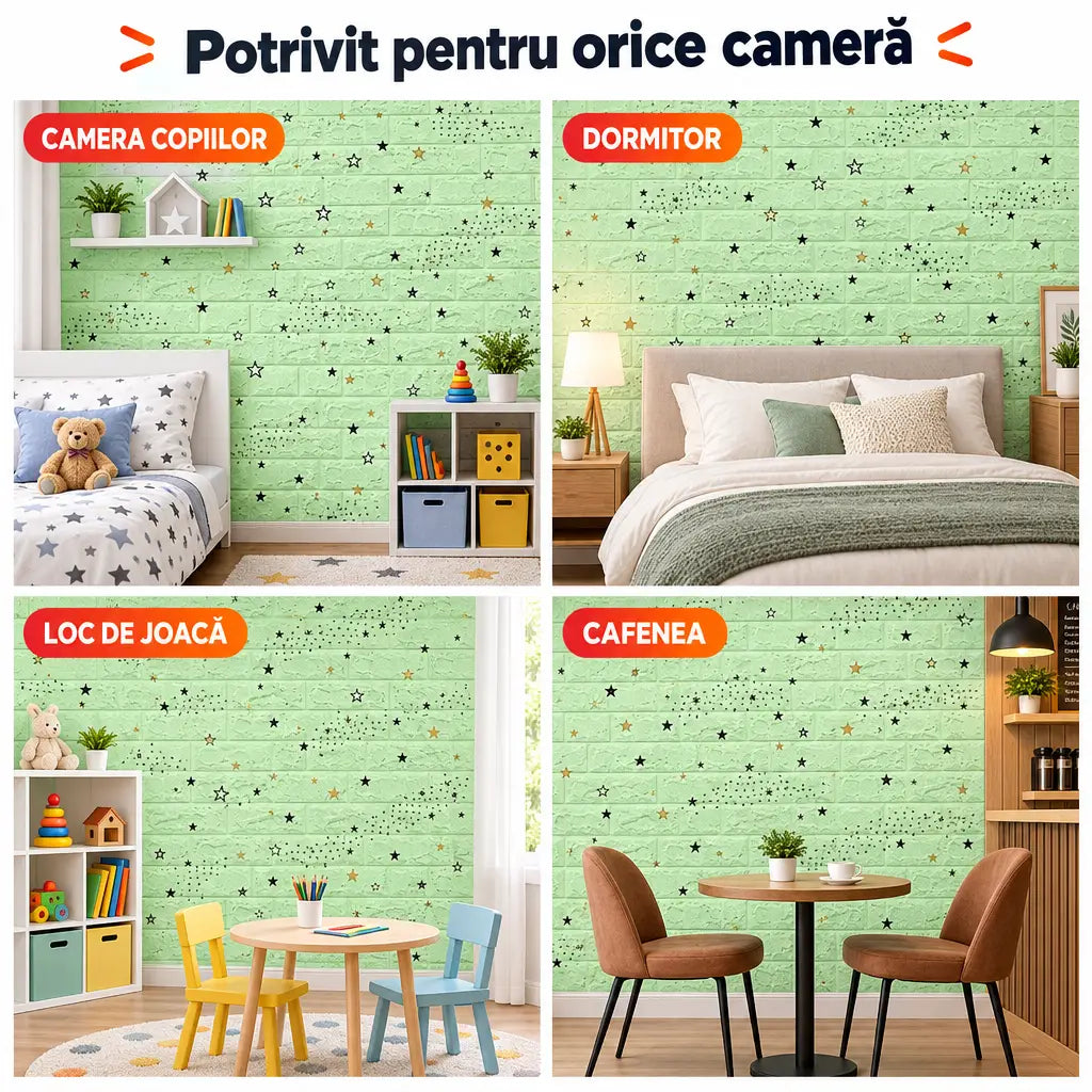 Tapet 3D steluțe verde în camera copiilor, dormitor, loc de joacă și cafenea