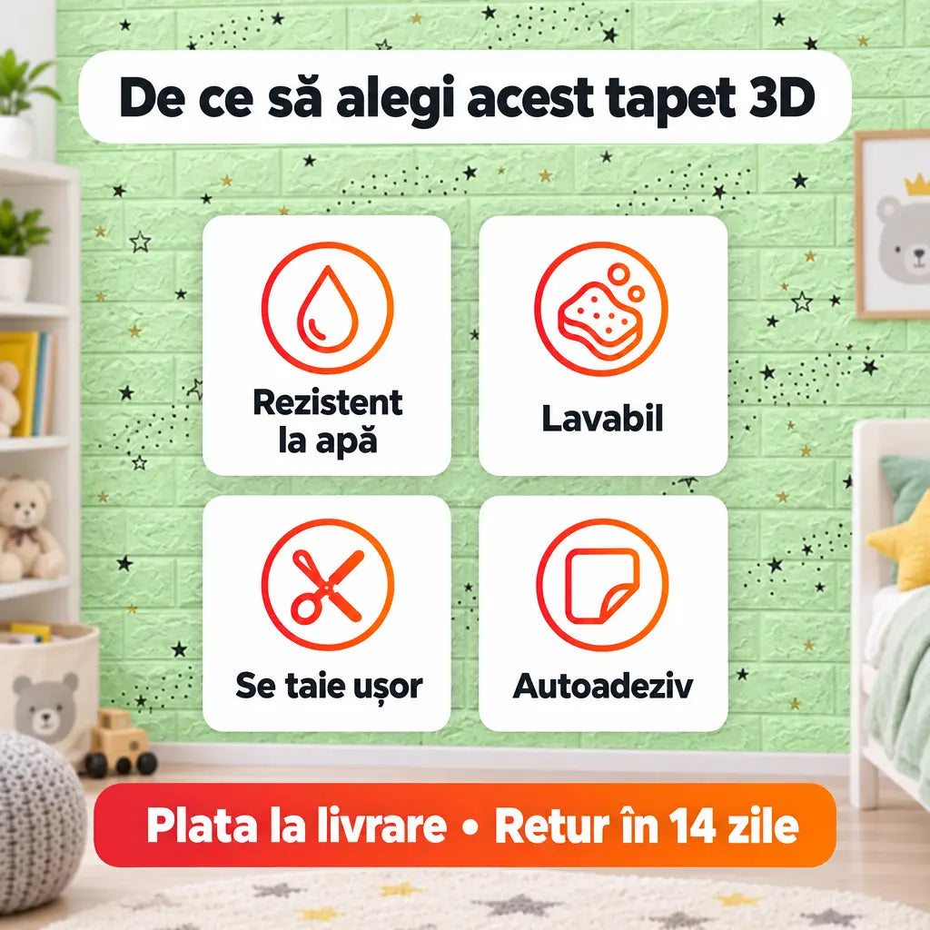 Beneficii tapet 3D steluțe verde: rezistent la apă, lavabil, se taie ușor, autoadeziv