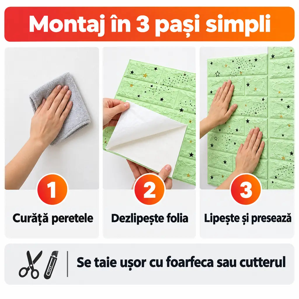 Montaj tapet 3D autoadeziv în 3 pași simpli