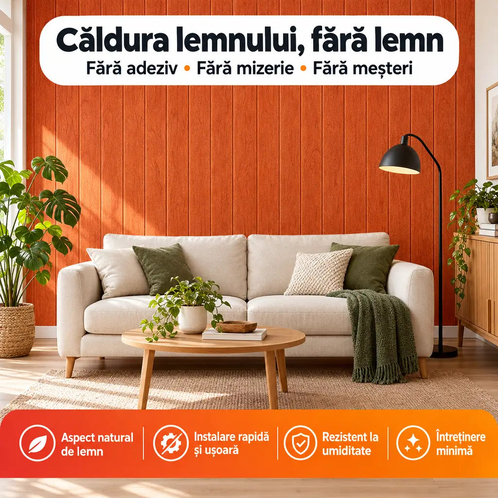 Tapet 3D autoadeziv imitație lemn portocaliu în living