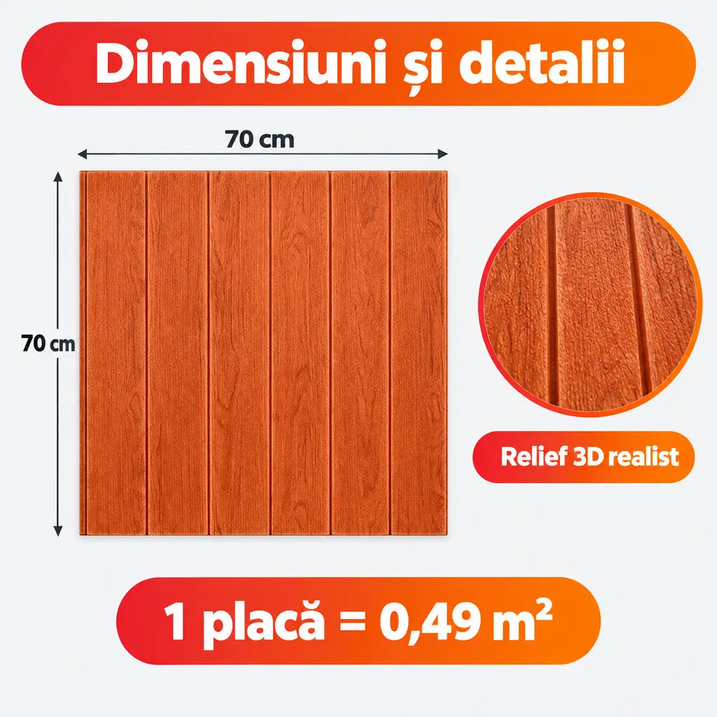 Dimensiuni placă tapet 3D lemn portocaliu 70x70 cm, 0,49 m²