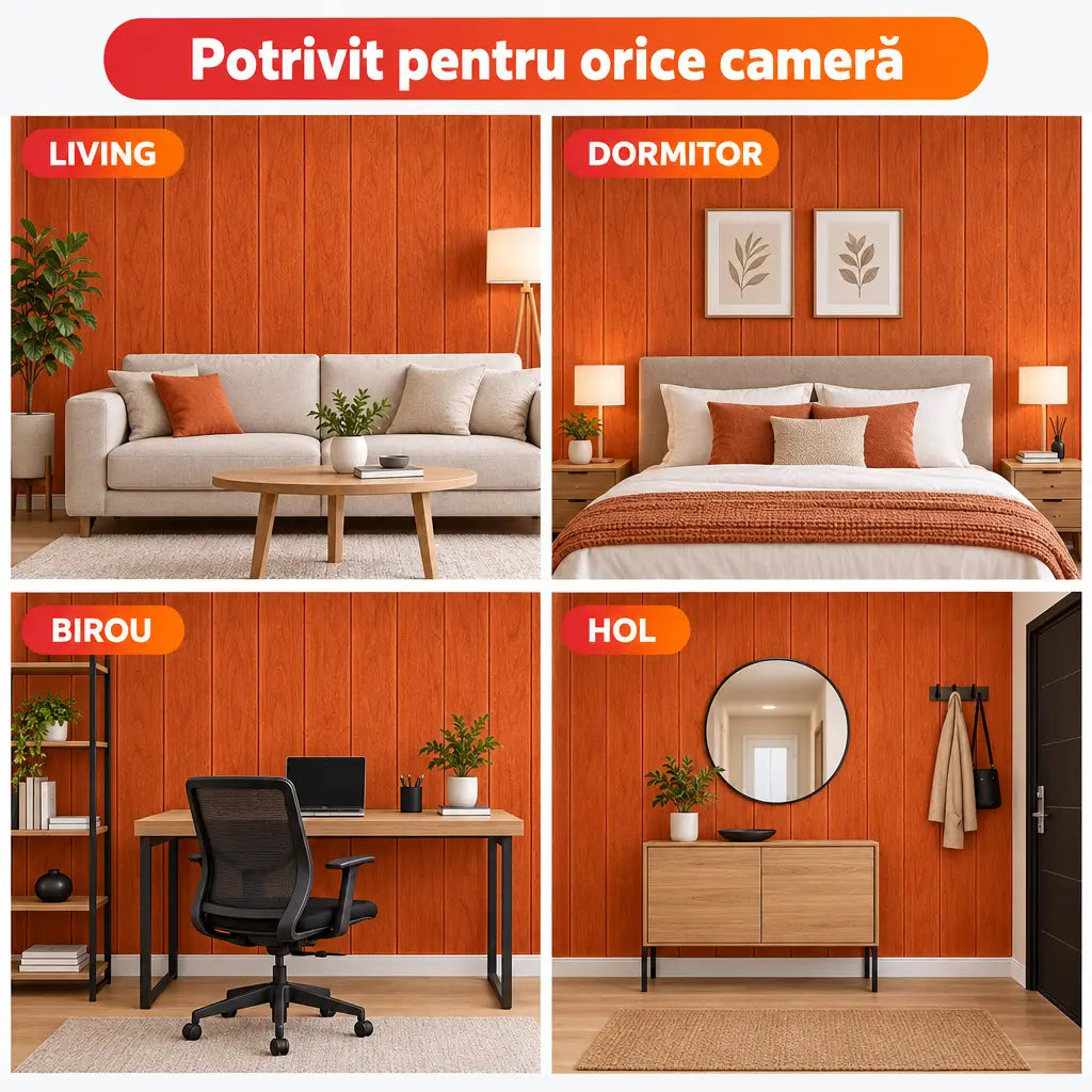 Tapet 3D lemn portocaliu în living, dormitor, birou și hol