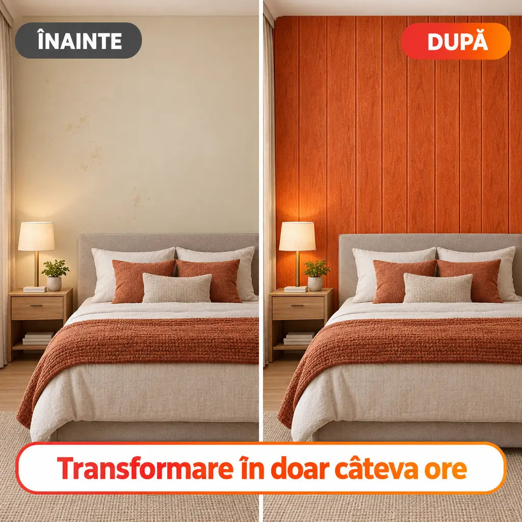 Înainte și după montaj tapet 3D lemn portocaliu în dormitor