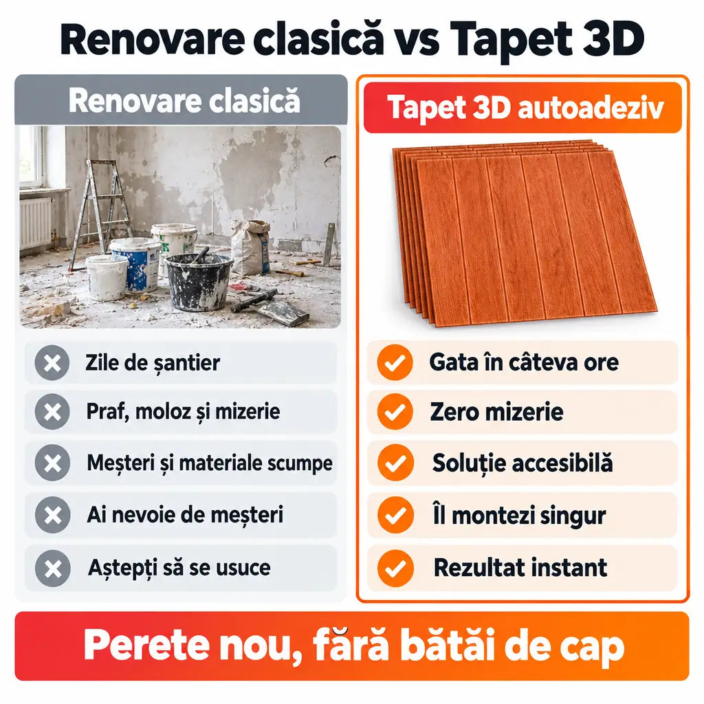 Renovare clasică vs tapet 3D autoadeziv lemn portocaliu