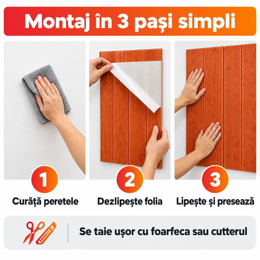 Montaj tapet 3D autoadeziv în 3 pași simpli