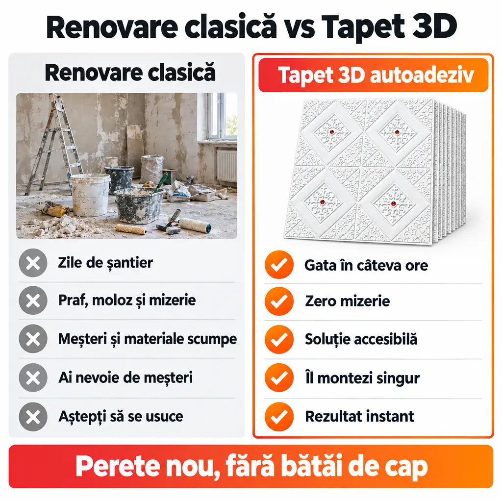 Renovare clasică vs tapet 3D autoadeziv romburi