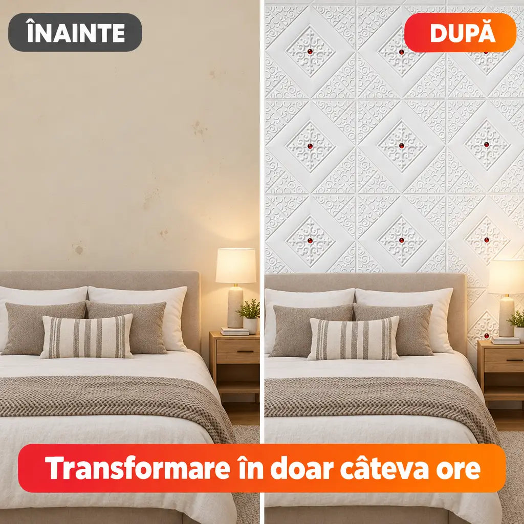 Înainte și după montaj tapet 3D romburi roșu închis în dormitor