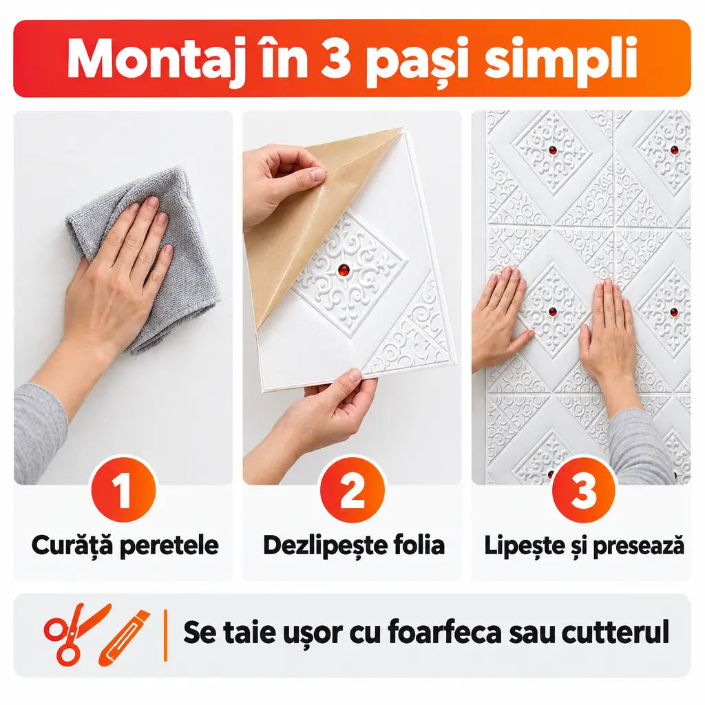 Montaj tapet 3D autoadeziv în 3 pași simpli
