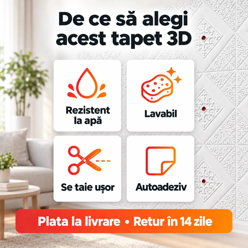 Beneficii tapet 3D romburi: rezistent la apă, lavabil, se taie ușor, autoadeziv