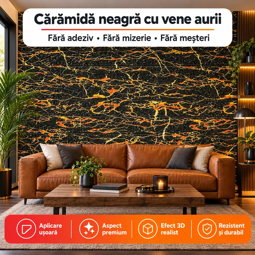 Tapet 3D autoadeziv cărămidă neagră cu vene aurii TG-22 în living