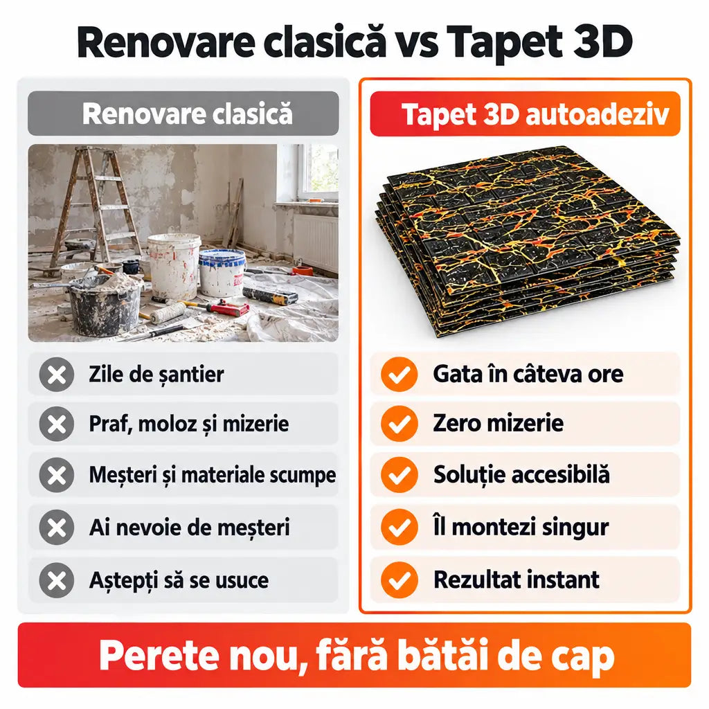 Renovare clasică vs tapet 3D autoadeziv TG-22