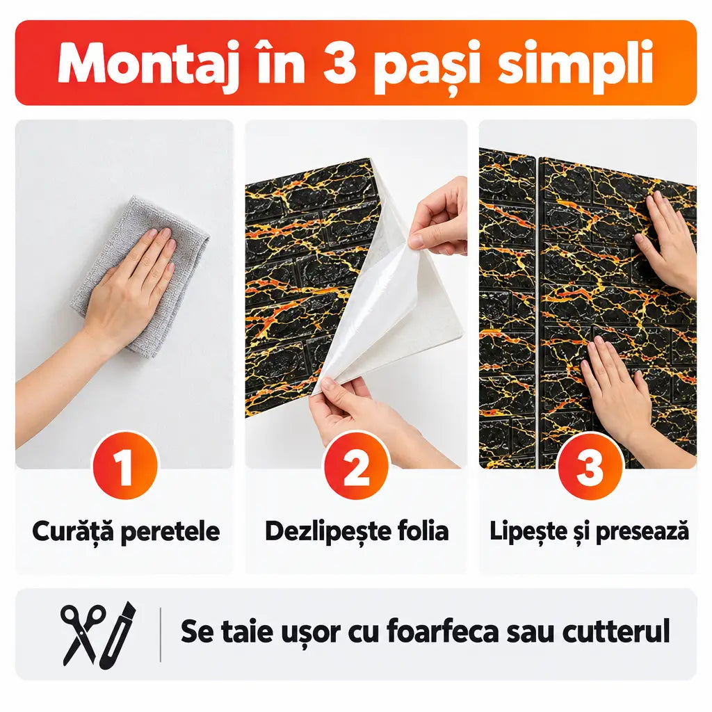 Montaj tapet 3D autoadeziv în 3 pași simpli