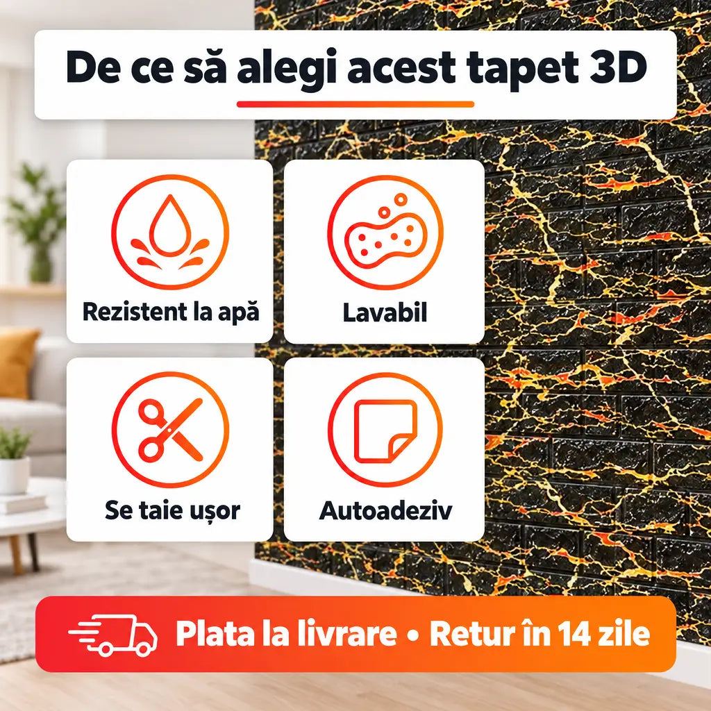 Beneficii tapet 3D TG-22: rezistent la apă, lavabil, se taie ușor, autoadeziv