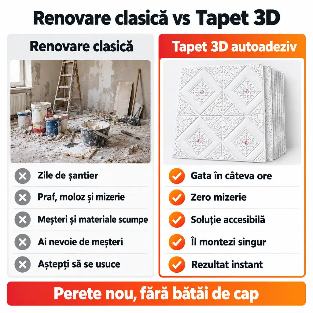Renovare clasică vs tapet 3D autoadeziv romburi alb