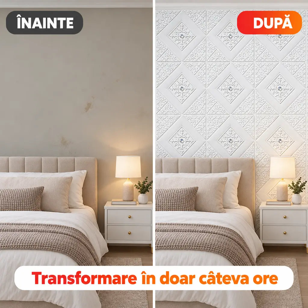 Înainte și după montaj tapet 3D romburi alb în dormitor