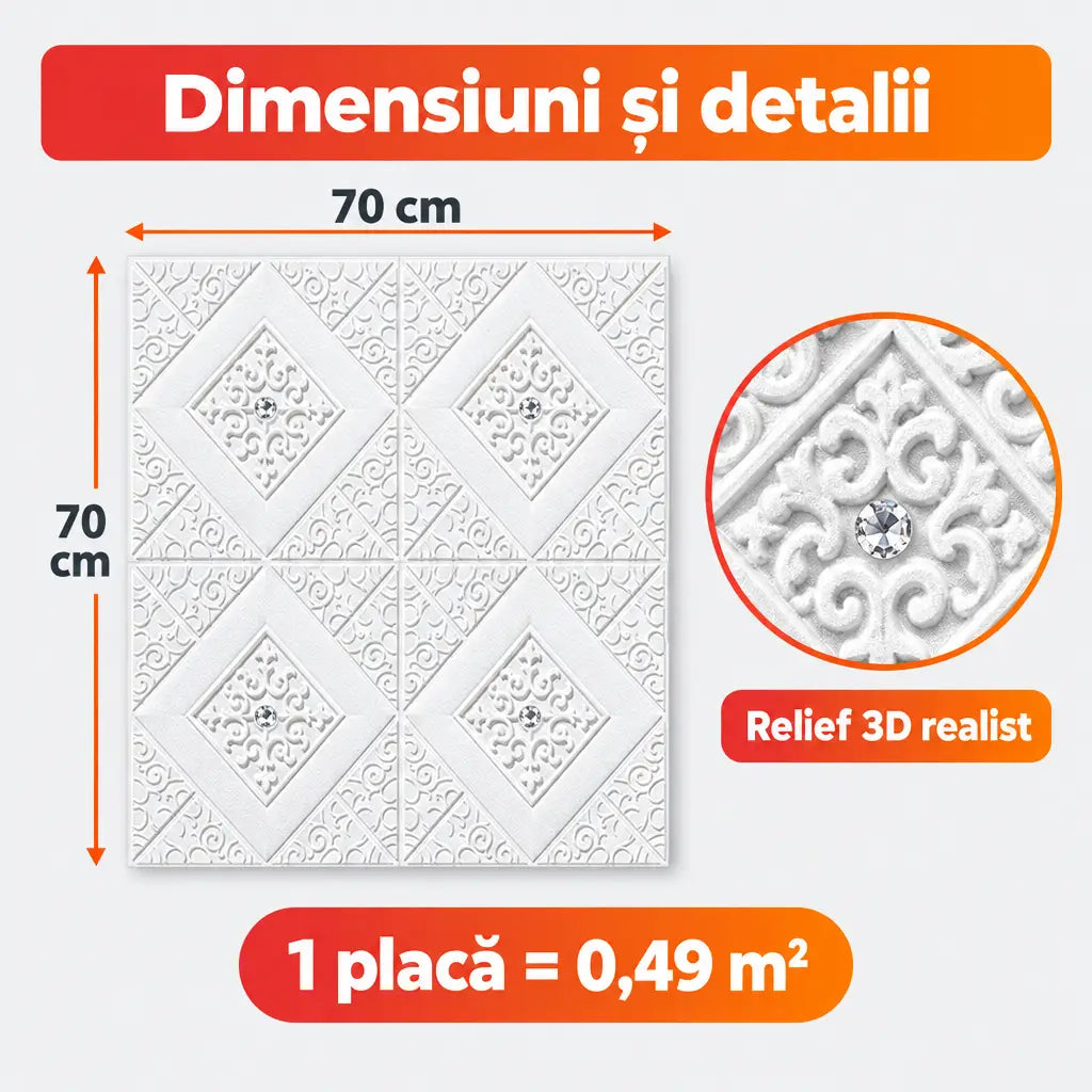 Dimensiuni placă tapet 3D romburi alb 70x70 cm, 0,49 m²