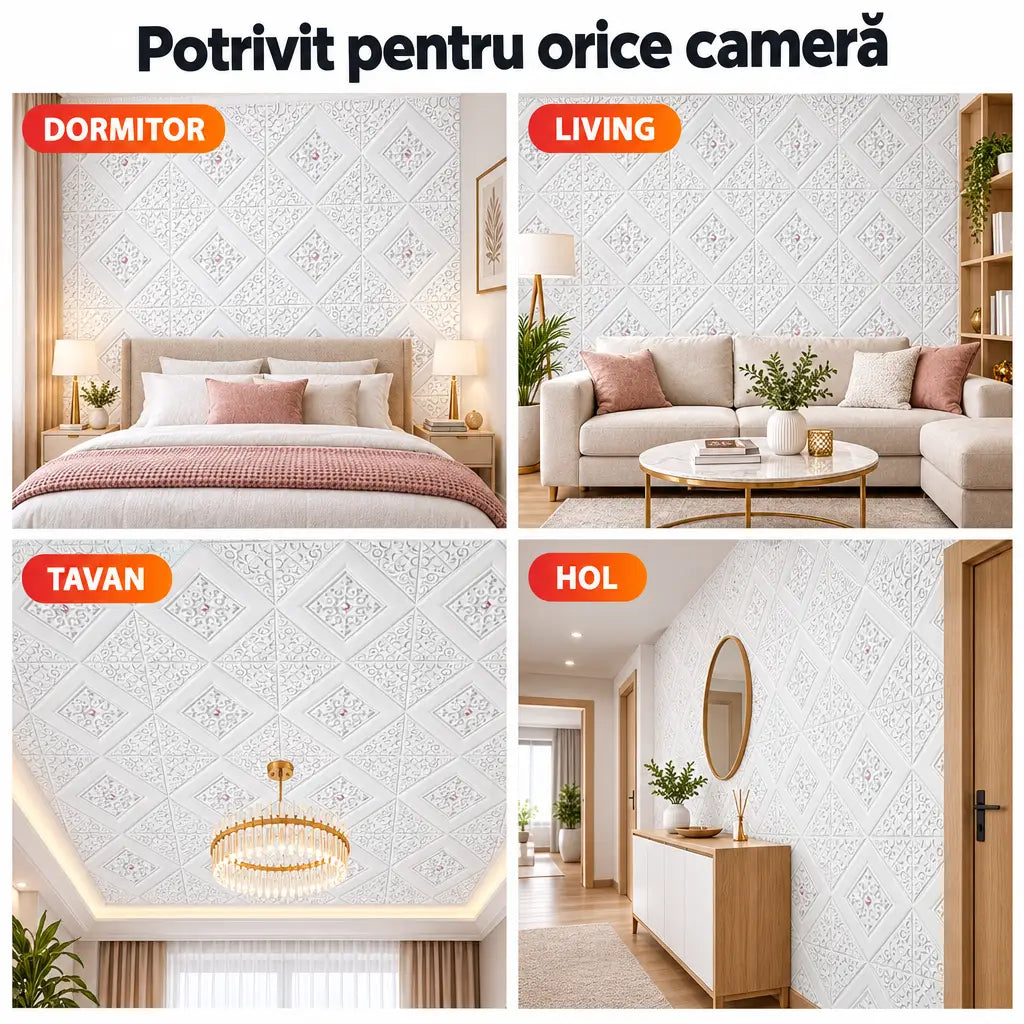 Tapet 3D romburi alb în dormitor, living, pe tavan și în hol