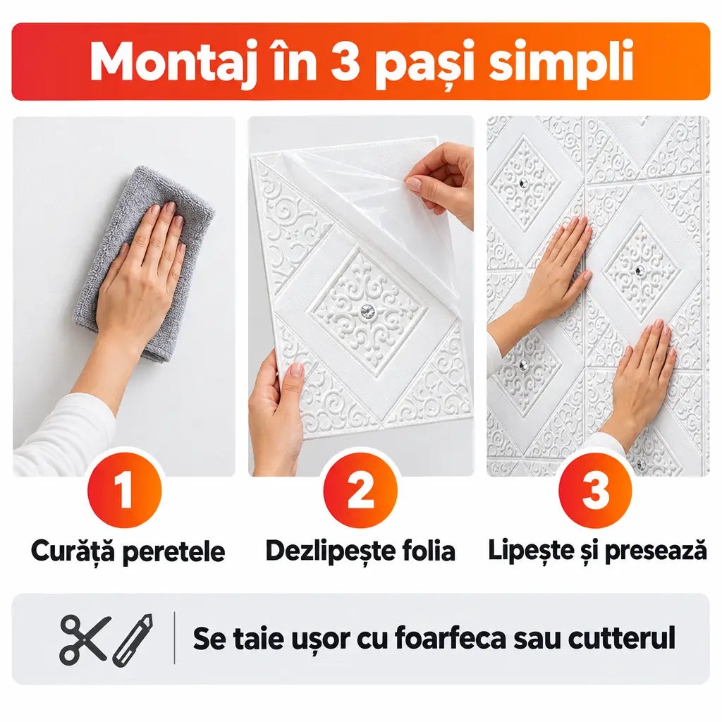 Montaj tapet 3D autoadeziv în 3 pași simpli