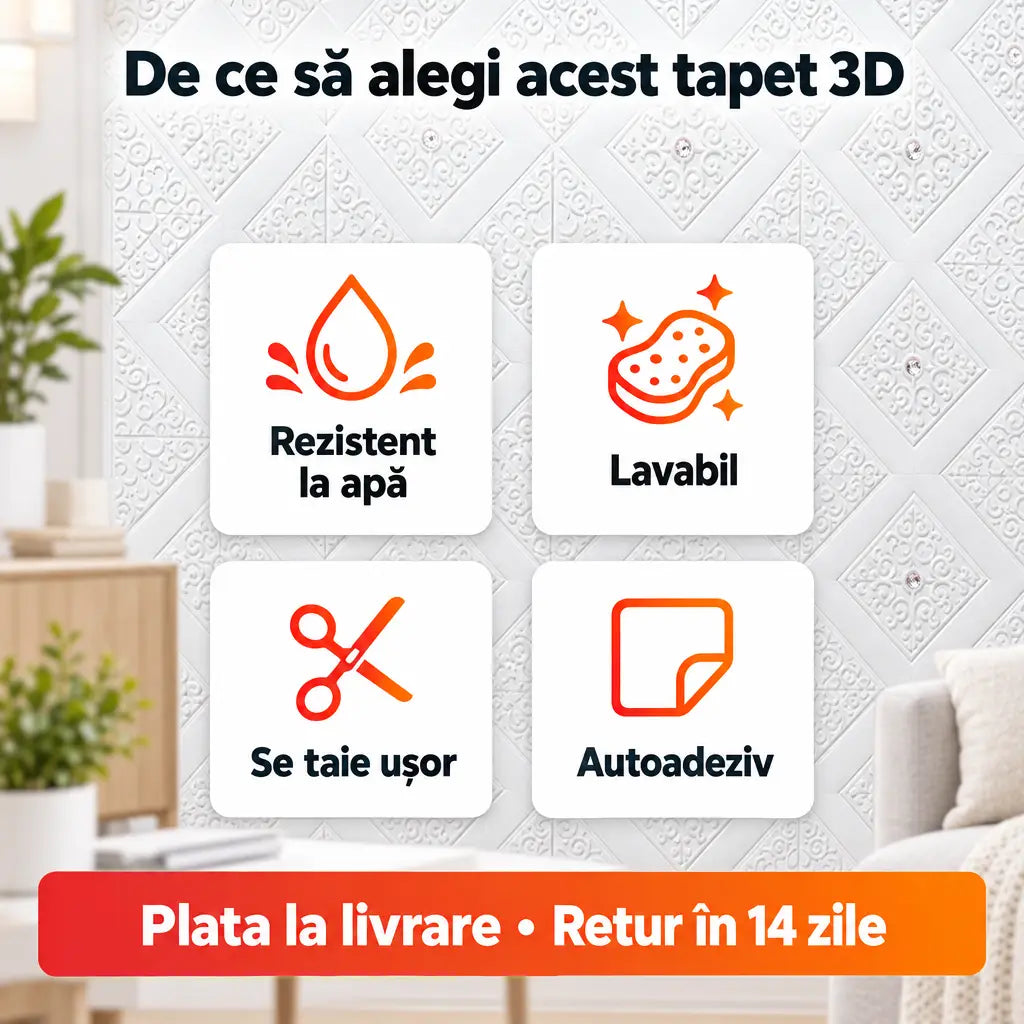 Beneficii tapet 3D romburi alb: rezistent la apă, lavabil, se taie ușor, autoadeziv