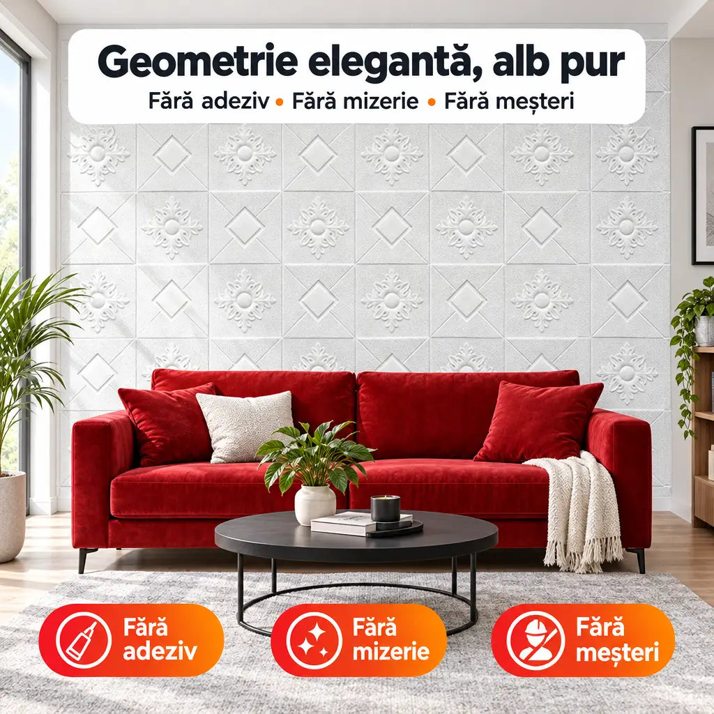 Tapet 3D autoadeziv pătrate și romburi alb T15 în living modern