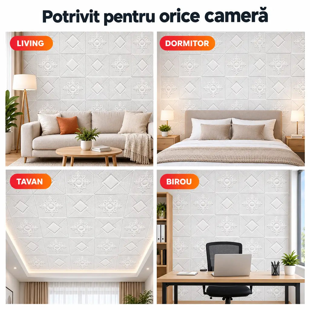 Tapet 3D pătrate și romburi alb în living, dormitor, pe tavan și în birou