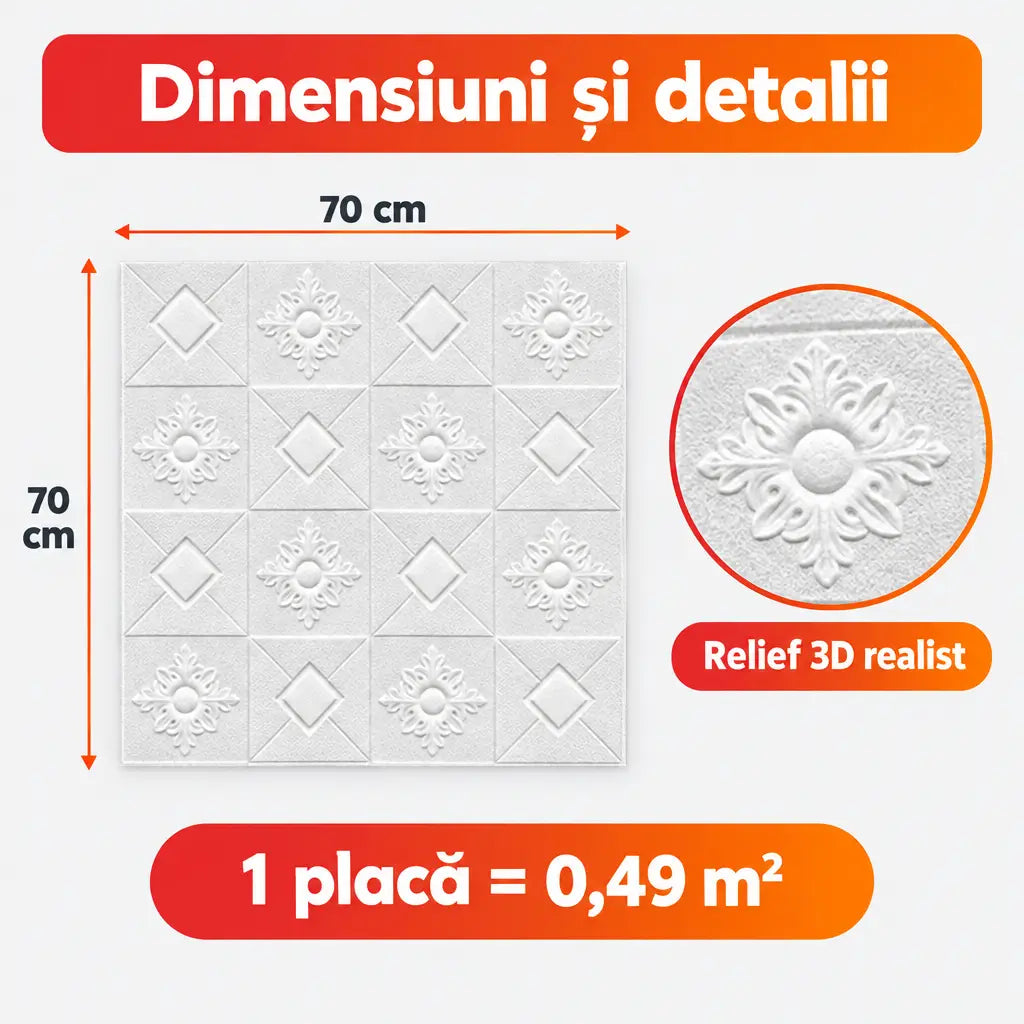 Dimensiuni placă tapet 3D T15 70x70 cm, 0,49 m²