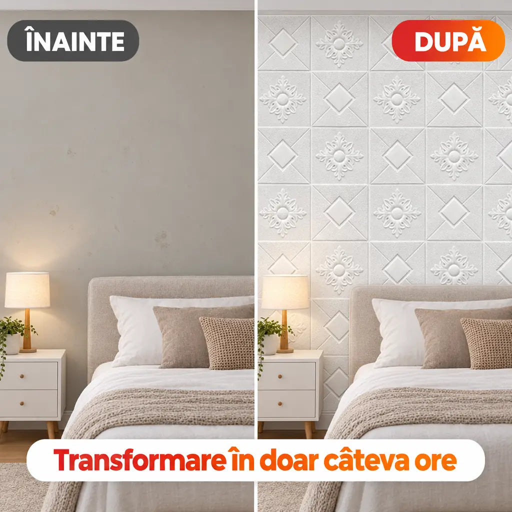 Înainte și după montaj tapet 3D pătrate și romburi în dormitor