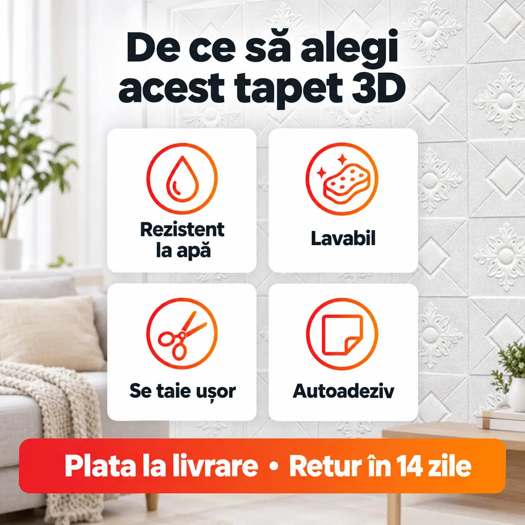 Beneficii tapet 3D T15: rezistent la apă, lavabil, se taie ușor, autoadeziv