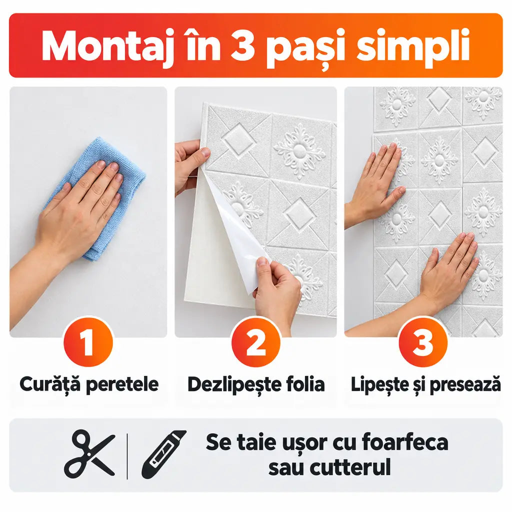 Montaj tapet 3D autoadeziv în 3 pași simpli