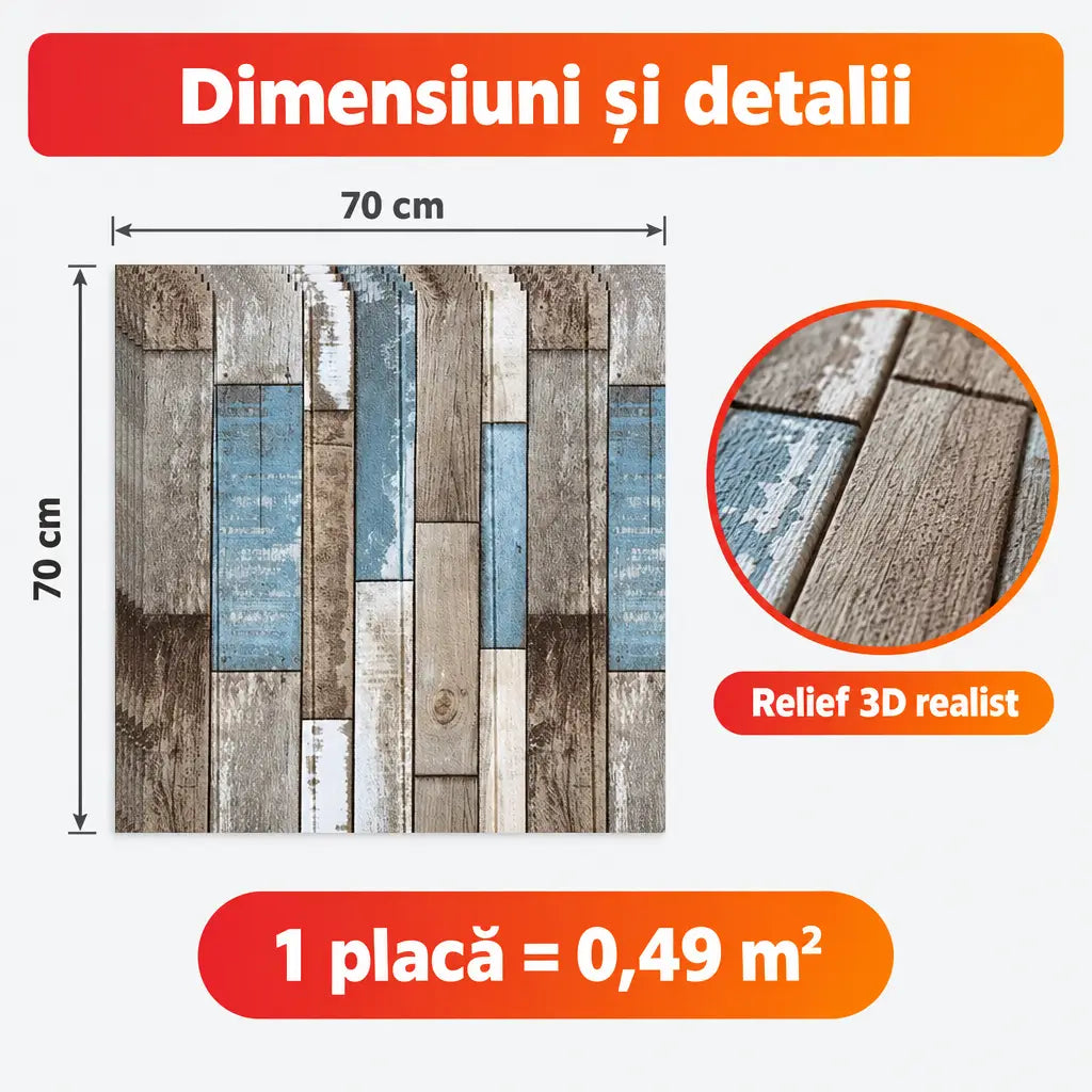 Dimensiuni placă tapet 3D lemn multicolor 70x70 cm, 0,49 m²