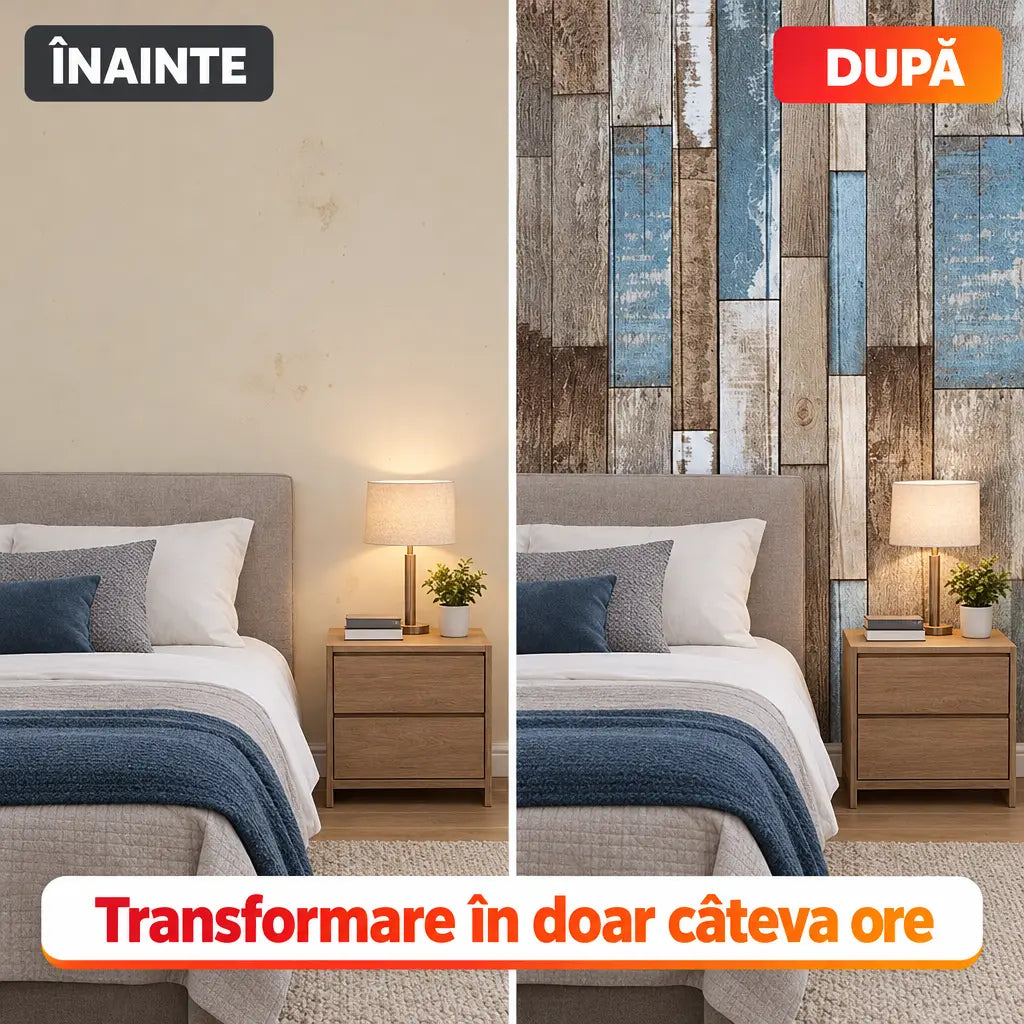 Înainte și după montaj tapet 3D lemn multicolor în dormitor