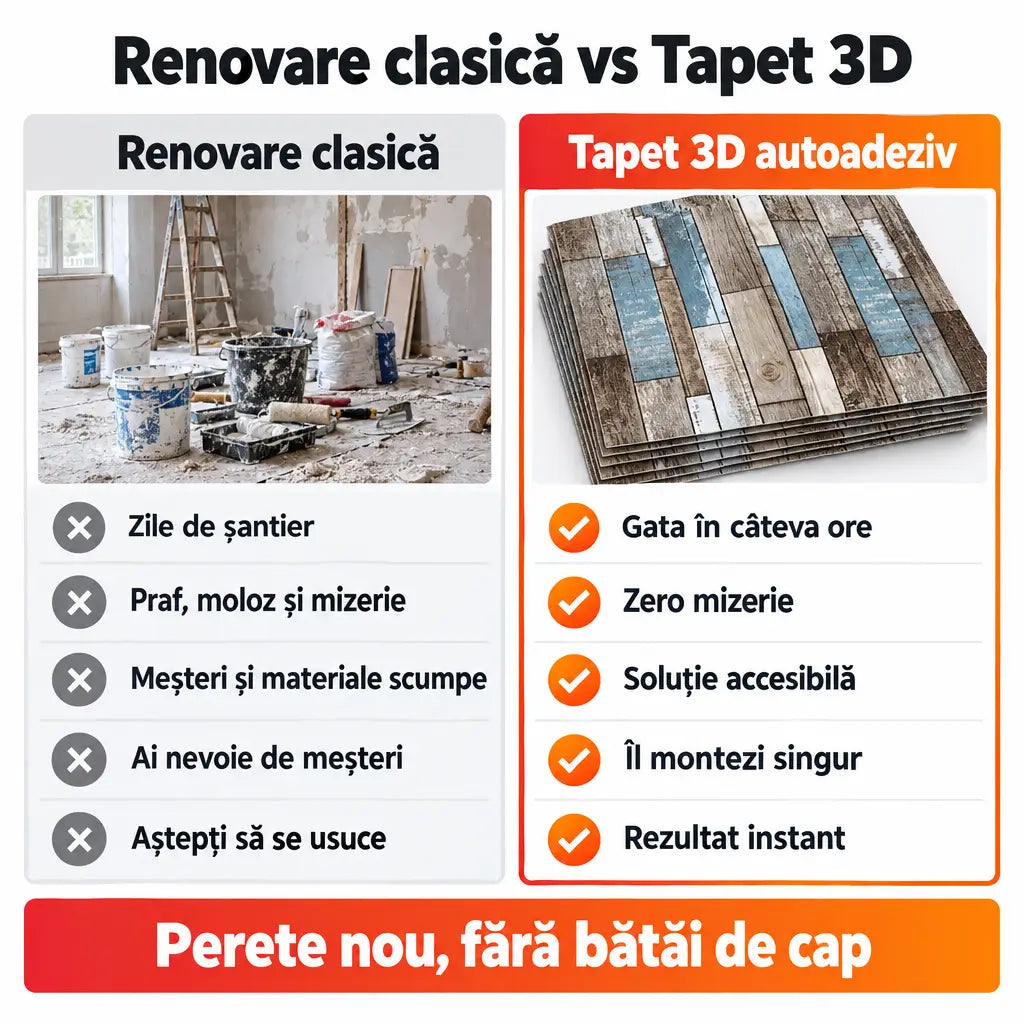 Renovare clasică vs tapet 3D autoadeziv lemn multicolor