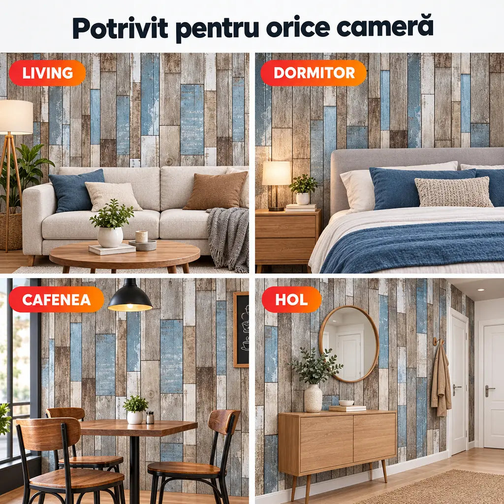 Tapet 3D lemn multicolor în living, dormitor, cafenea și hol